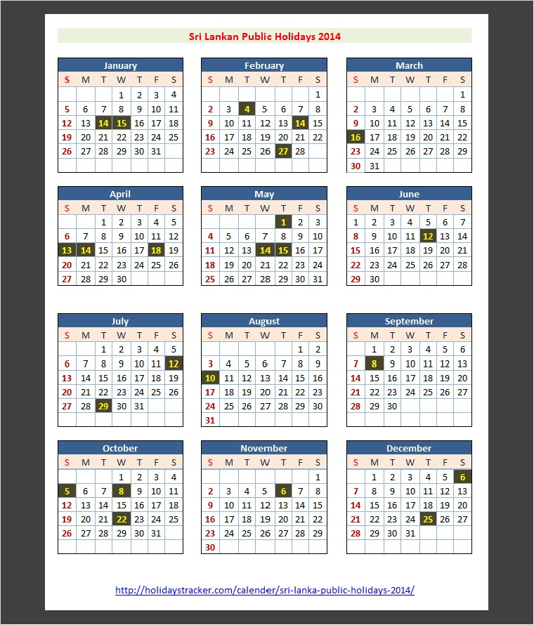 Sri Lanka Public Holidays 2014 - Holidays Tracker-Day Calendar In Sri Lanka 2021