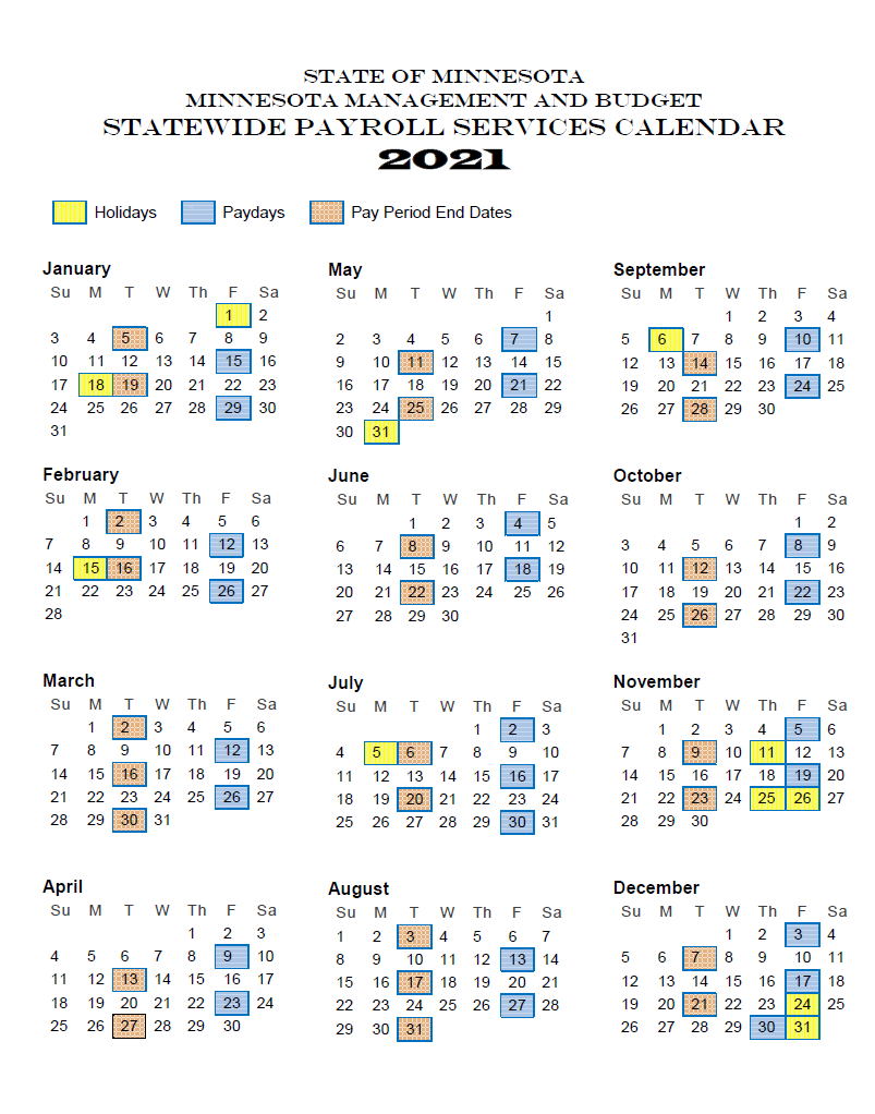 State Of Minnesota (Mn) Payroll Calendar 2021 | Payroll-Printable Employee Calendar 2021