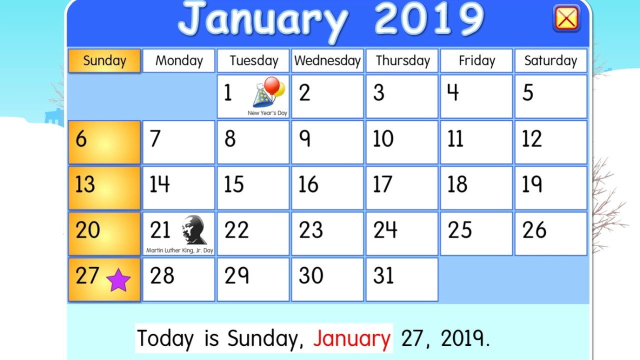 Sunday, January 27, 2019 | Daily Calendar For Kids-June 2021 Calendar Starfall