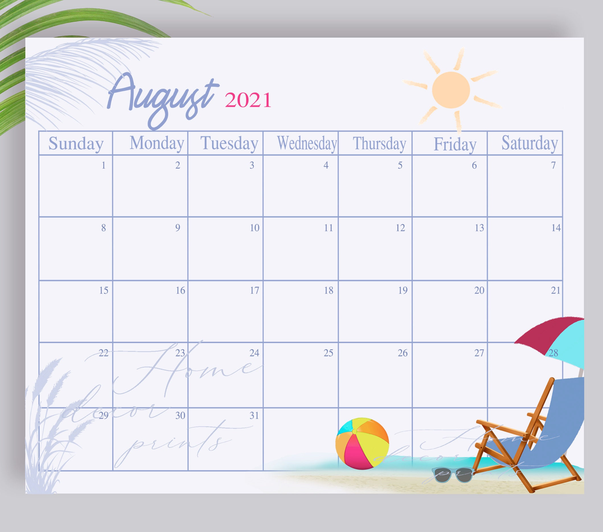 Tropical August 2021 Kalender Druckbare Planer Seite-Kalender August 2021 Schwangerschaft