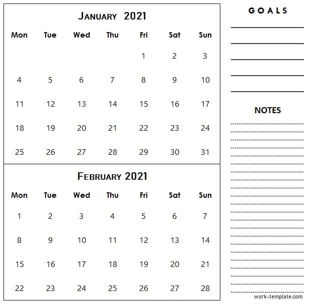 Two Month January February 2021 Calendar Template With-National Food Day Calendar Printable 2021