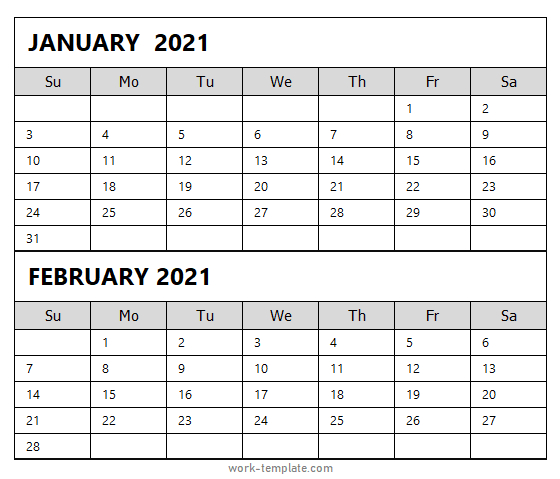 Two Month January February 2021 Calendar Template With-National Food Holidays 2021 Printable