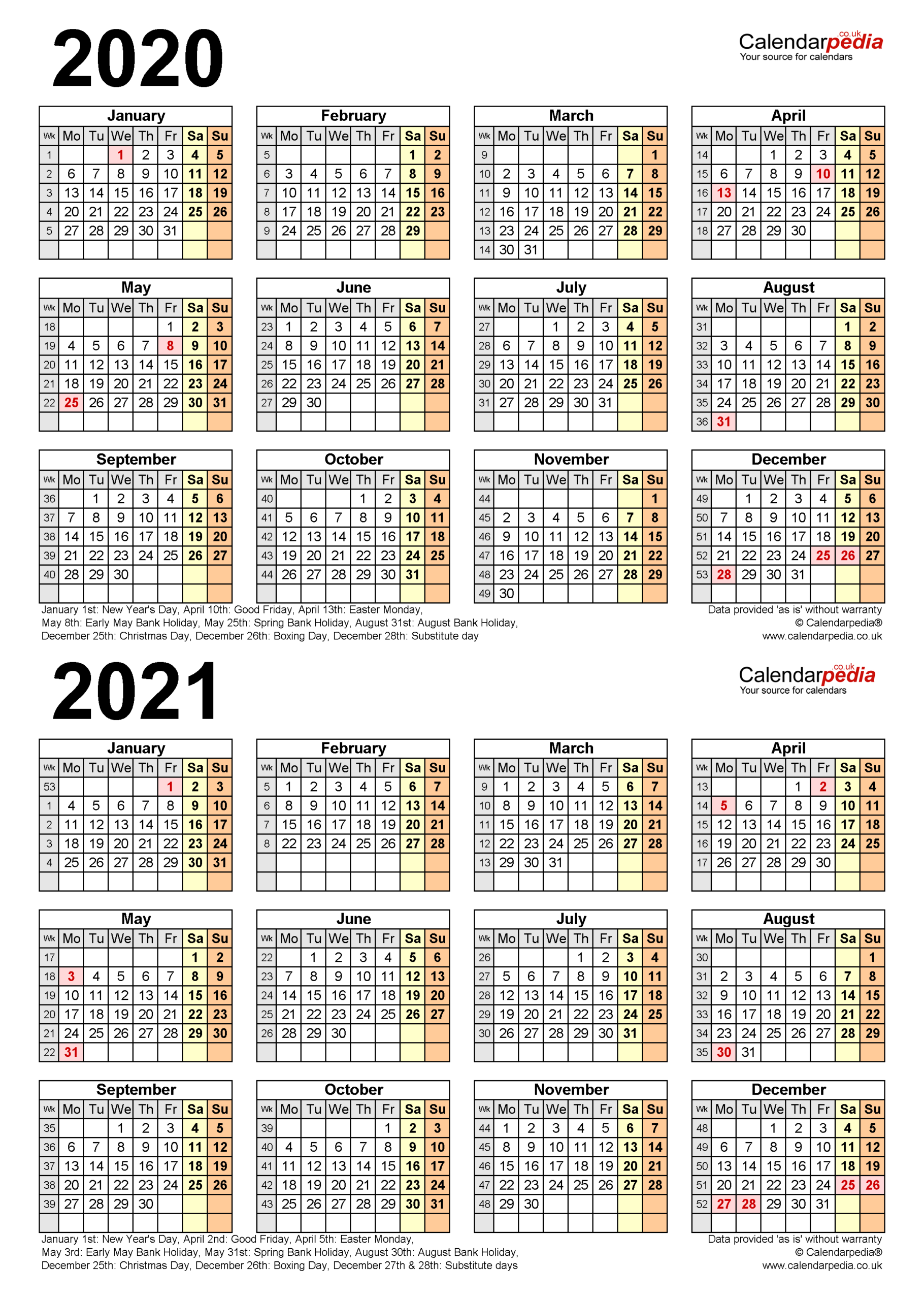 Two Year Calendars For 2020 &amp; 2021 (Uk) For Word-2021 Yearly 2 Page Calendar