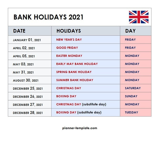 Uk Holiday 2021 Calendar Template - School, Bank, Public-2021 Vacation Schedule Calendar