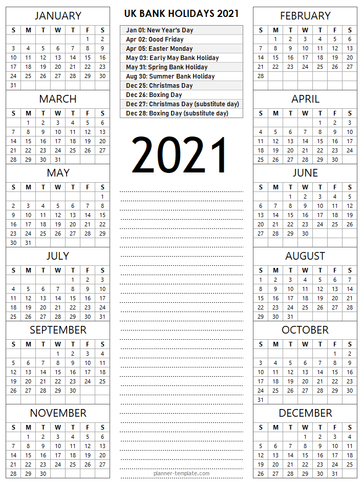 Uk Holiday 2021 Calendar Template - School, Bank, Public-Employee Vacation Calendar Grid 2021