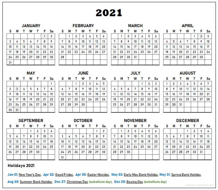 Uk Holiday 2021 Calendar Template - School, Bank, Public-Free Employee Holiday Planner 2021