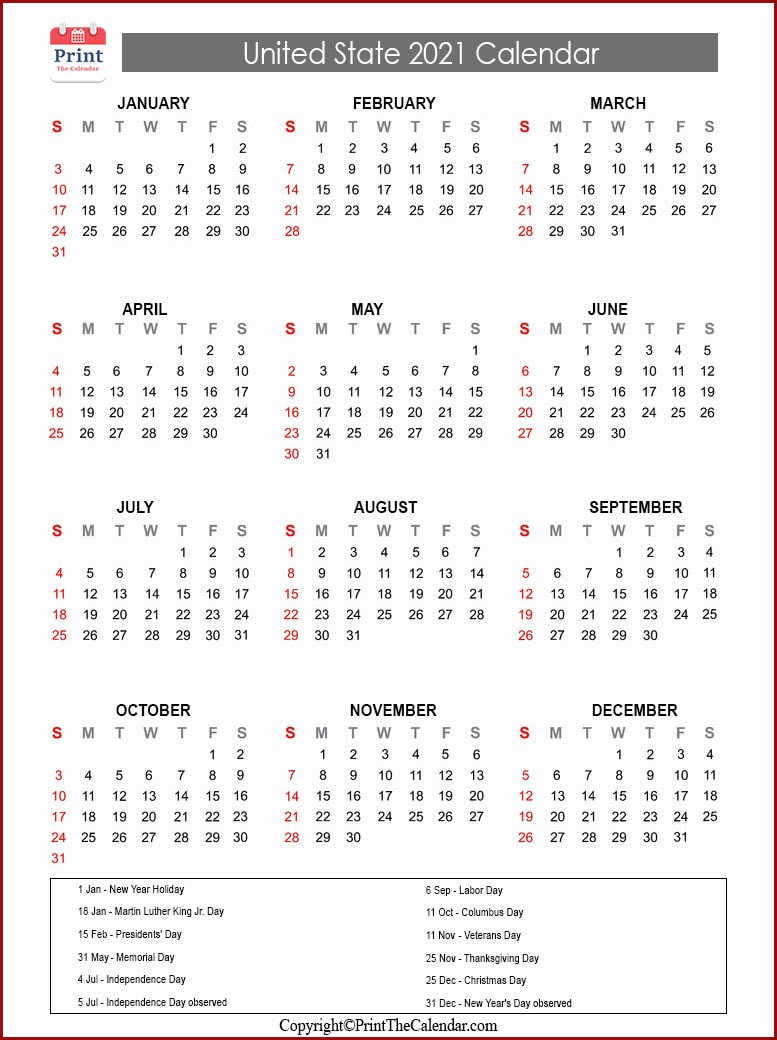 Us Holidays 2021 [2021 Calendar With Us Holidays]-2021 Calendar Sun To Sat