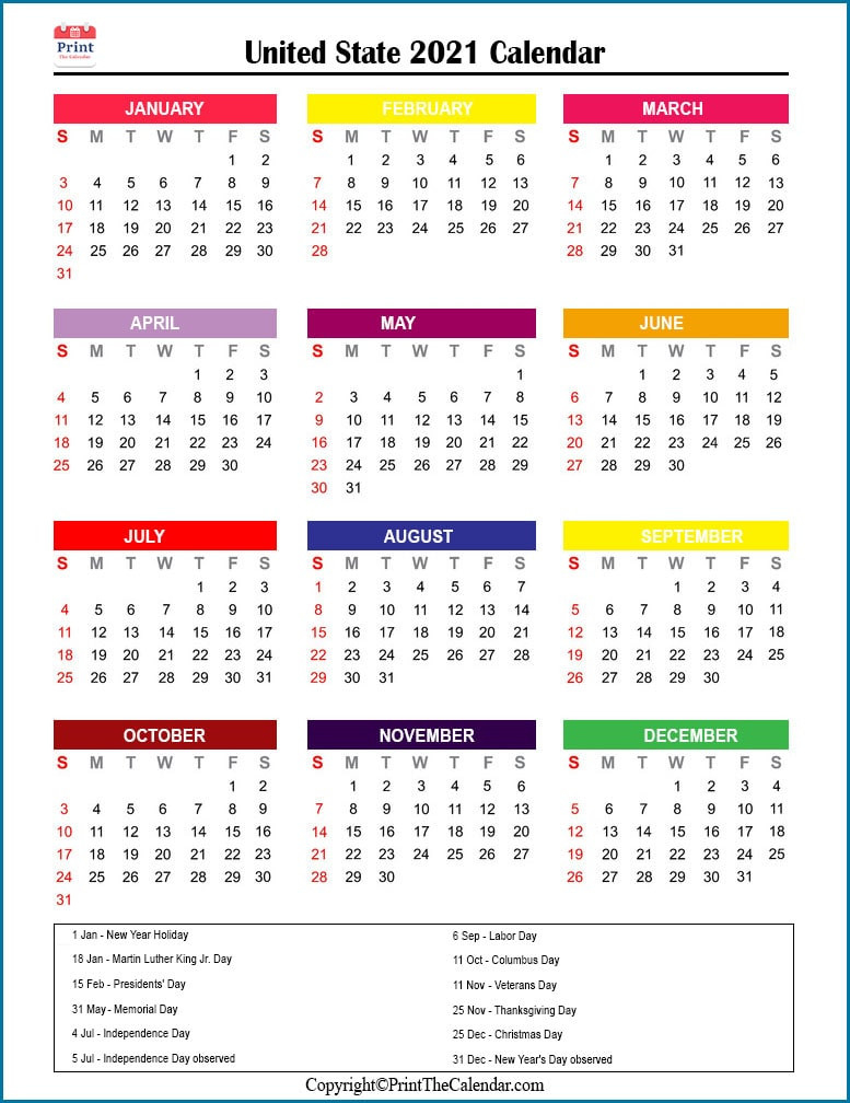 Us Holidays 2021 [2021 Calendar With Us Holidays]-Free Vacation Calendar 2021