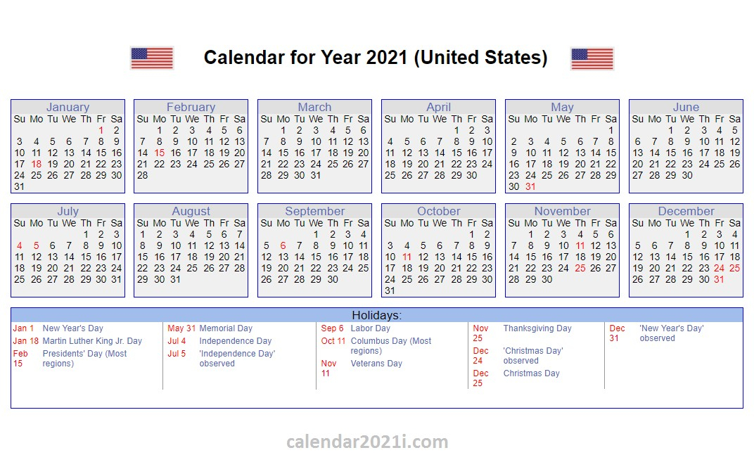 Us Holidays Calendar 2021 - Calendar 2021-2021 Printable Holidays List