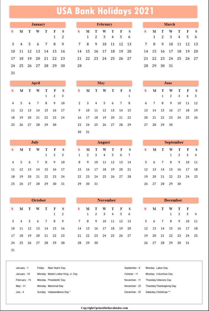 Usa Bank Holidays 2021 | Printable The Calendar-2021 Calendar With Us Holidays