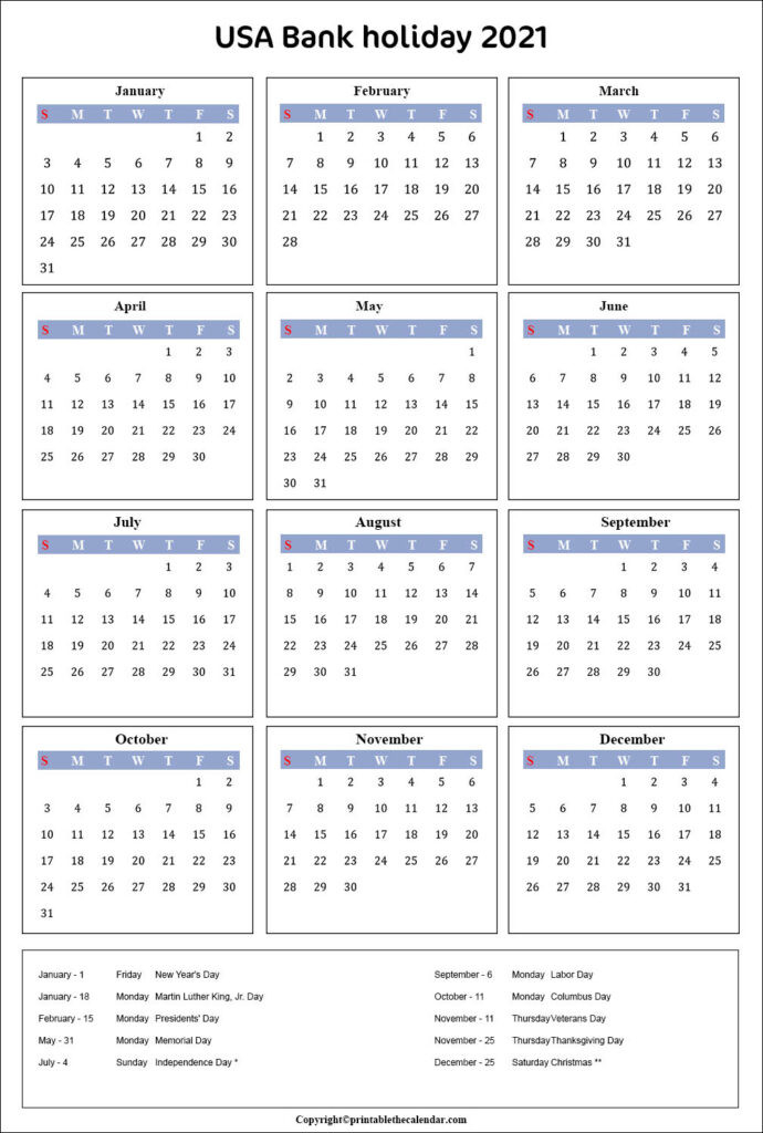 Usa Bank Holidays 2021 | Printable The Calendar-2021 Employee Vacation Calendar Tracking