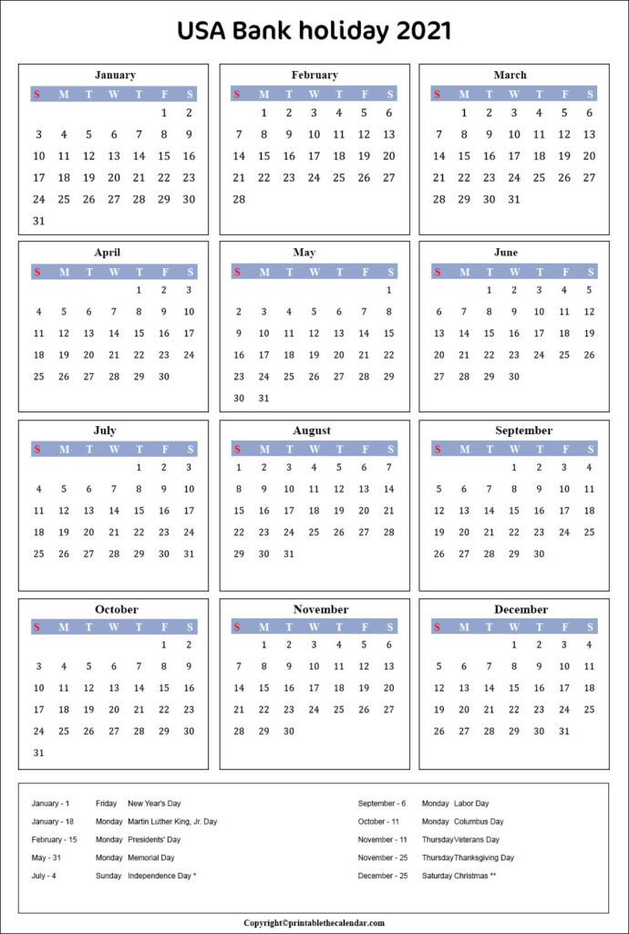 Usa Bank Holidays 2021 | Printable The Calendar-Employee Holiday Planner 2021