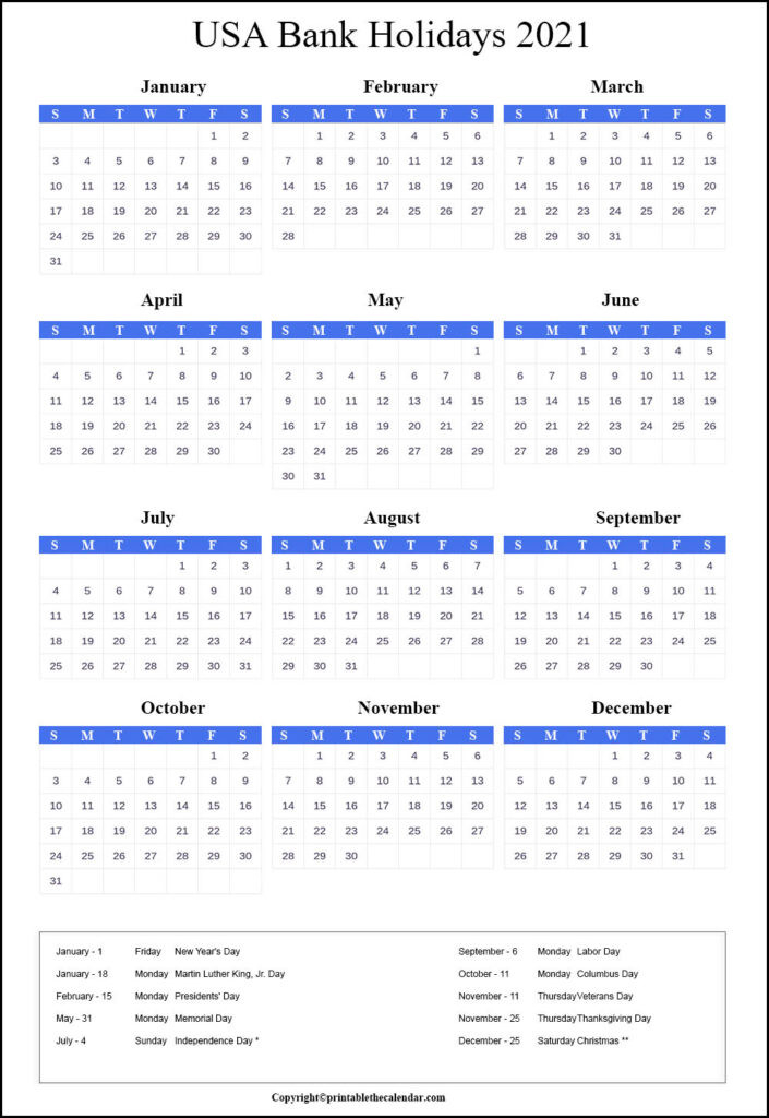 Usa Bank Holidays 2021 | Printable The Calendar-Printable Vacation Calender For 2021
