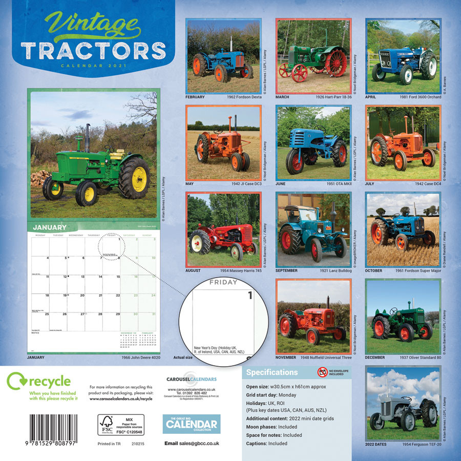 Vintage Tractors Calendar - 2021 Square Wall | Carousel-2021 Calendar With Large Squares