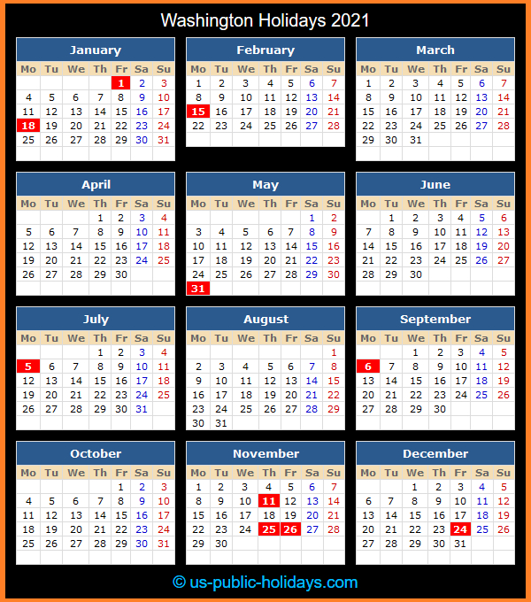 Washington Holidays 2021-2021 Calendar To Record Vacation