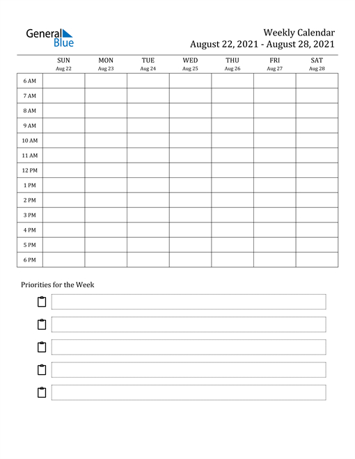 Weekly Calendar - August 22, 2021 To August 28, 2021-2021 Employee Schedule Planner