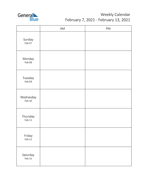 Weekly Calendar - February 7, 2021 To February 13, 2021-Hourly Printable Schedule Calendars 2021