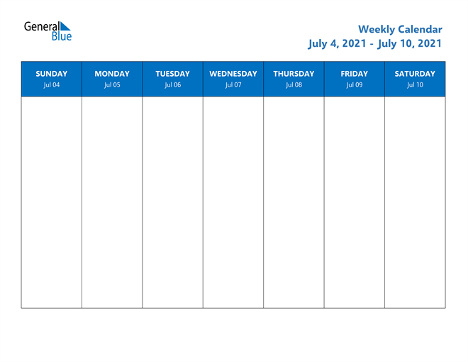 Weekly Calendar - July 4, 2021 To July 10, 2021 - (Pdf-Blank Hourly Calendar 2021