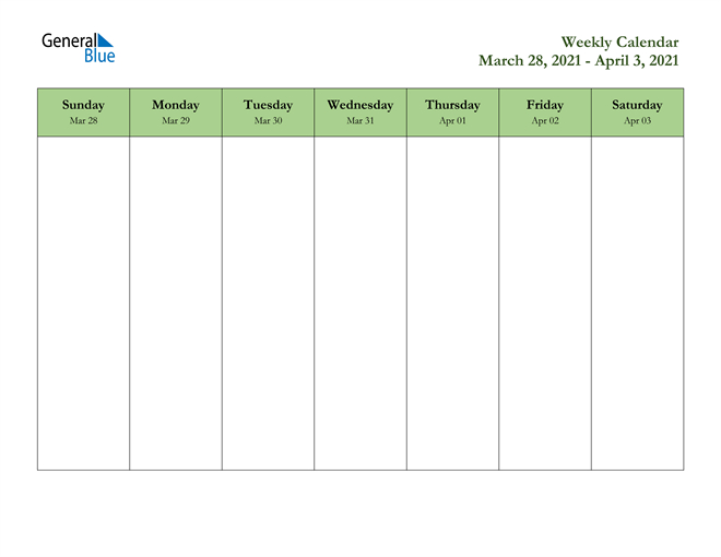 Weekly Calendar - March 28, 2021 To April 3, 2021 - (Pdf-Free Monthly 5 Day Schedules For 2021