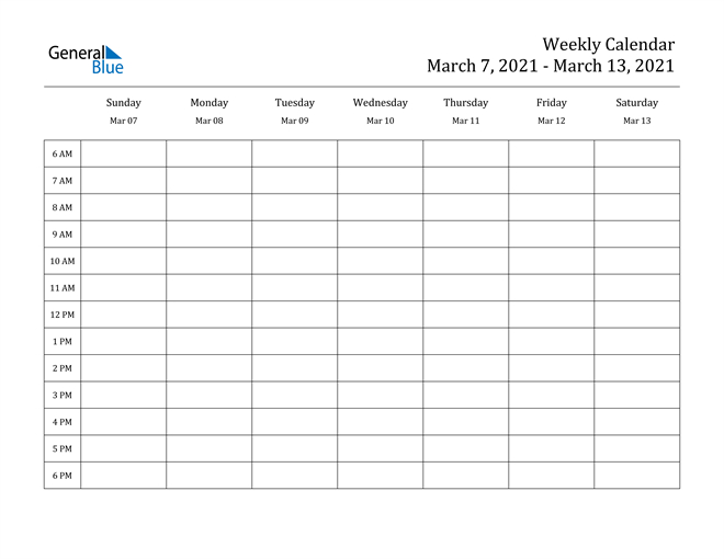 Weekly Calendar - March 7, 2021 To March 13, 2021 - (Pdf-Hourly Printable Schedule Calendars 2021