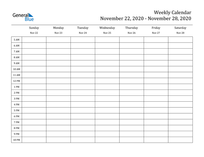 Weekly Calendar - November 22, 2020 To November 28, 2020-2021 Monthly Calendar With Time Slots