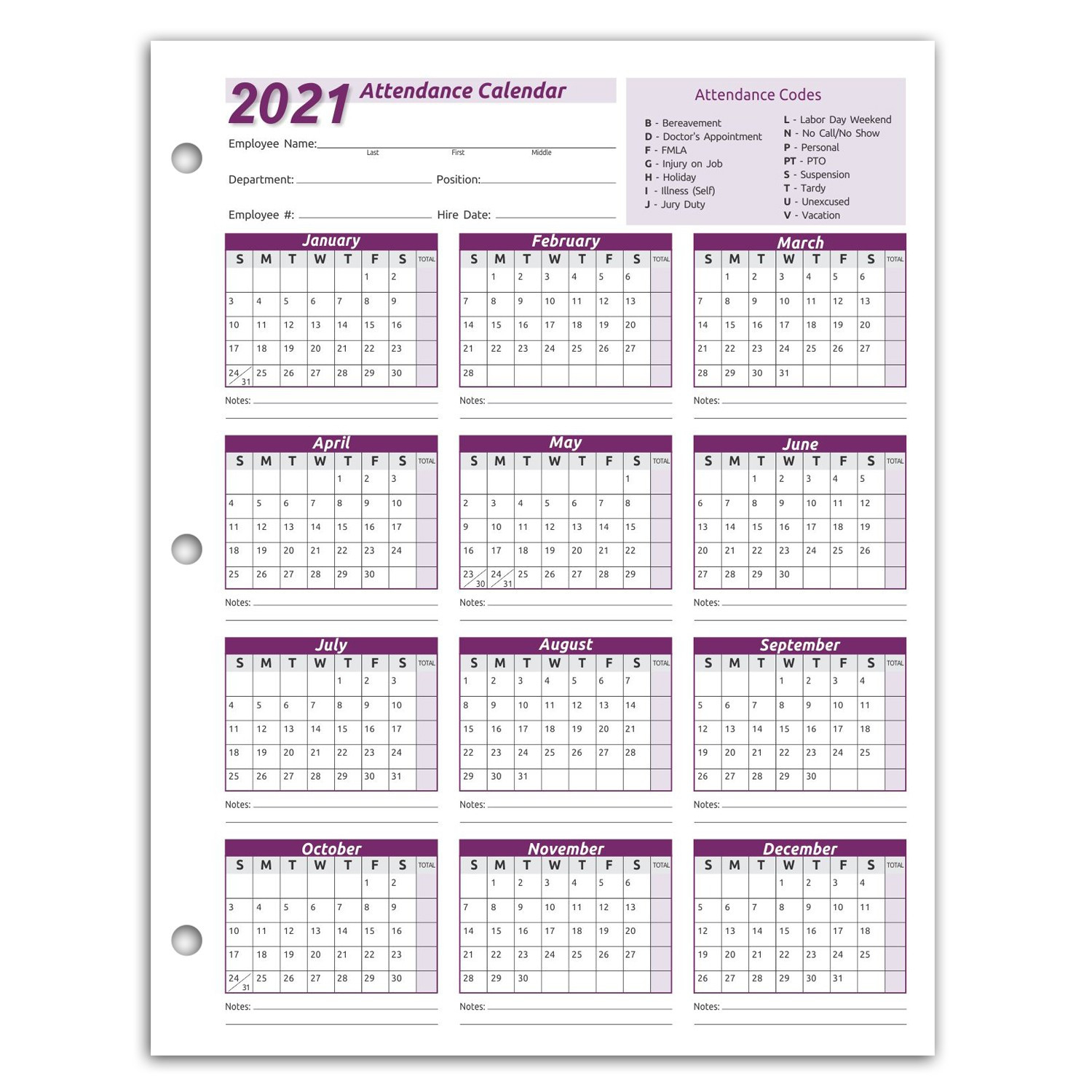 Work Tracker Attendance Calendar Cards- 8 ½ X 11 Cardstock-2021 Attendance Calendar Template