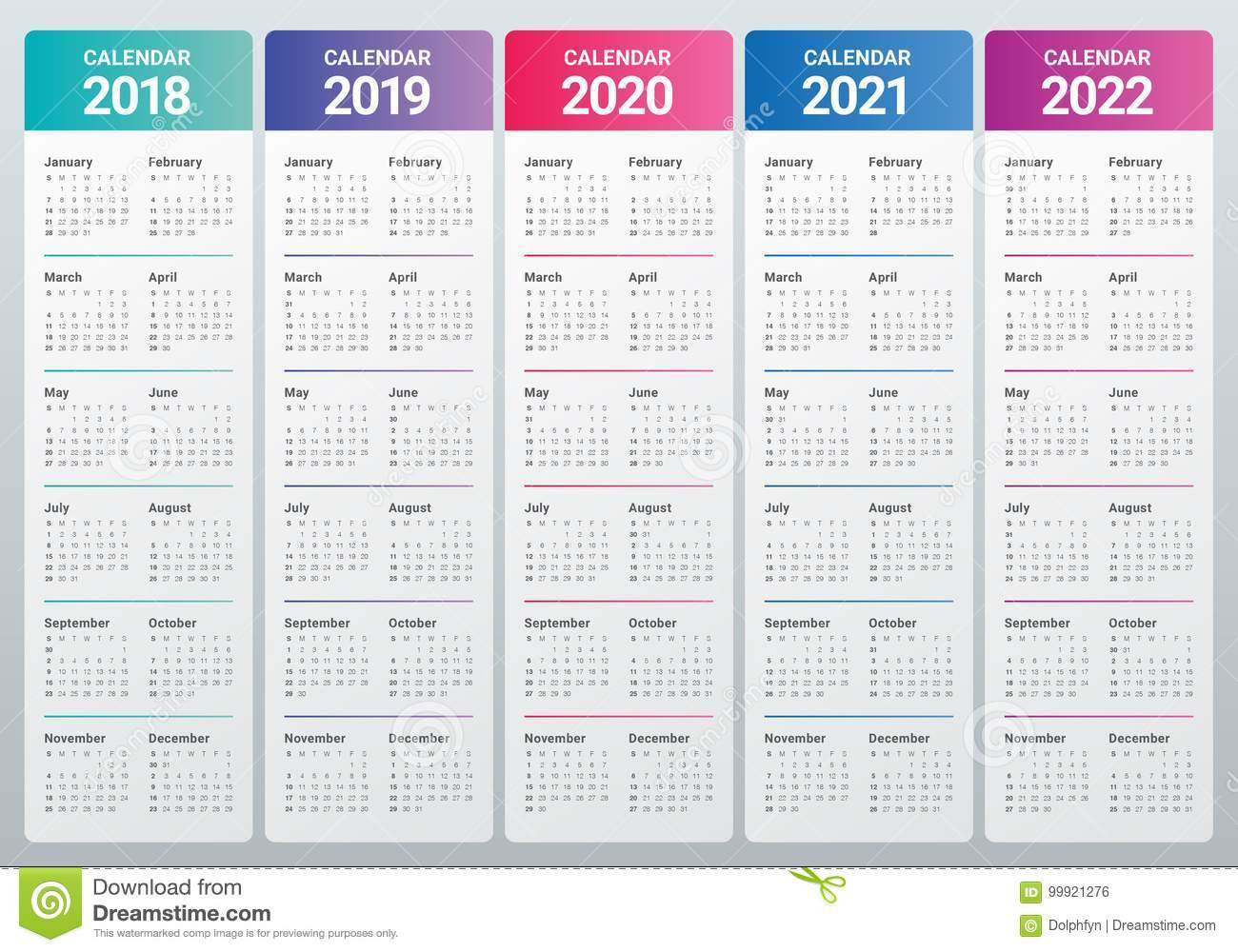 Year 2018 2019 2020 2021 2022 Calendar Vector Stock Vector-Three Year Printable Calendar 2021 To 2023