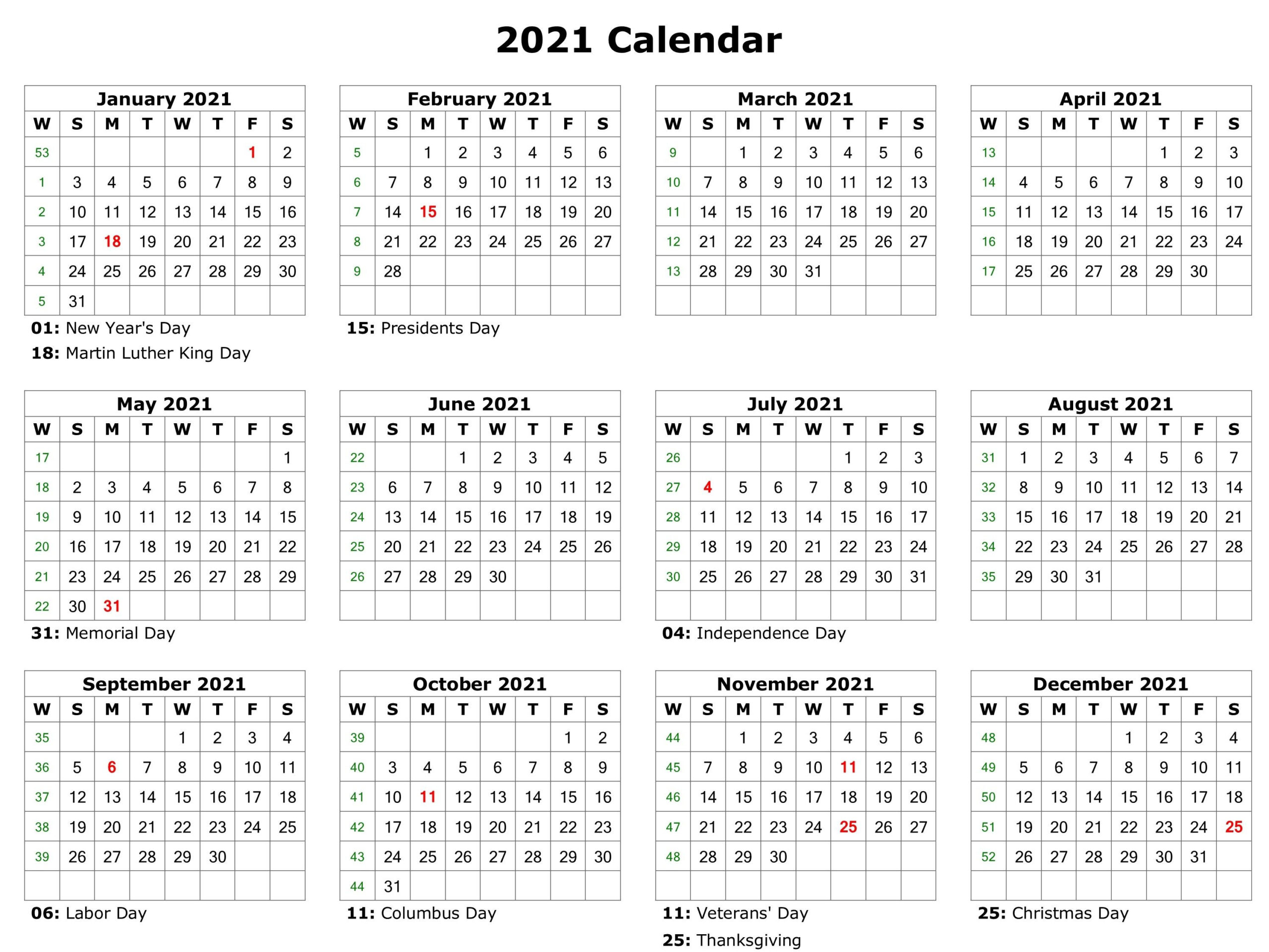 Yearly 2021 Calendar With Holidays | Printable Calendar-Excel Template 2021 Vacation