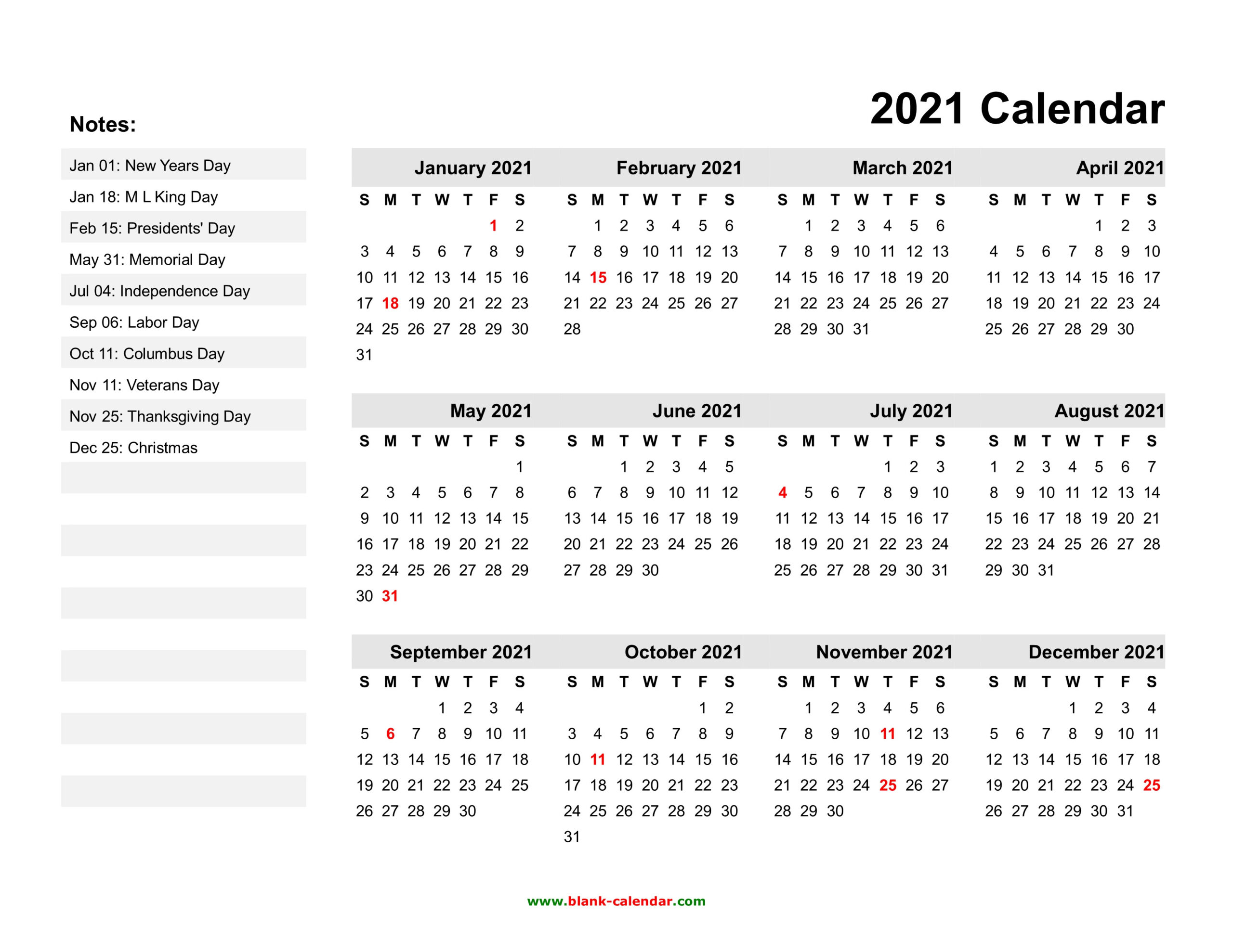 Yearly Calendar 2021 | Free Download And Print-2021 Vacation Schedules