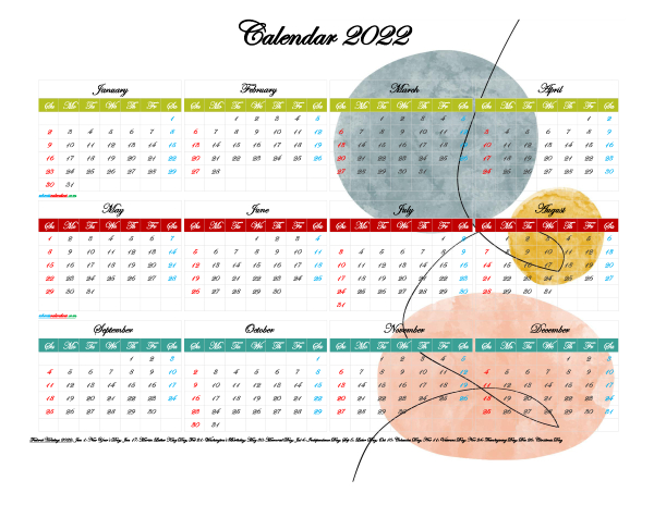 12 Printable Yearly 2022 Calendar With Holidays (Watercolor Premium)-2022 Calendar With Holidays Printable Usa