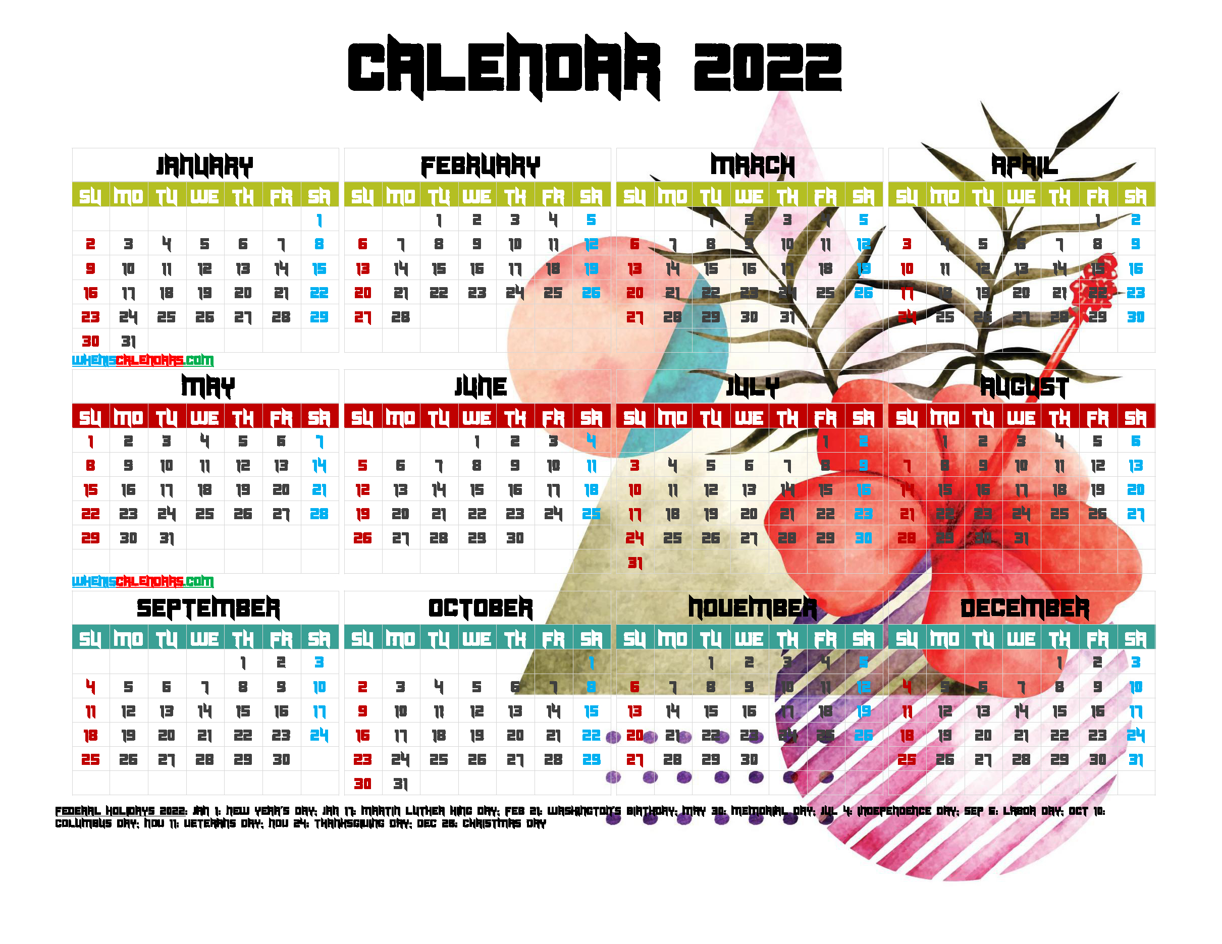 12 Printable Yearly 2022 Calendar With Holidays (Watercolor Premium)-Printable Calendar 2022 With Holidays