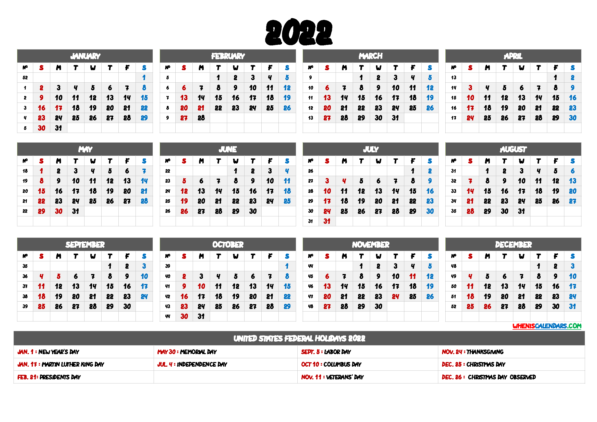 20+ 2022 Holidays - Free Download Printable Calendar Templates ️-2022 Calendar With Holidays Printable Free