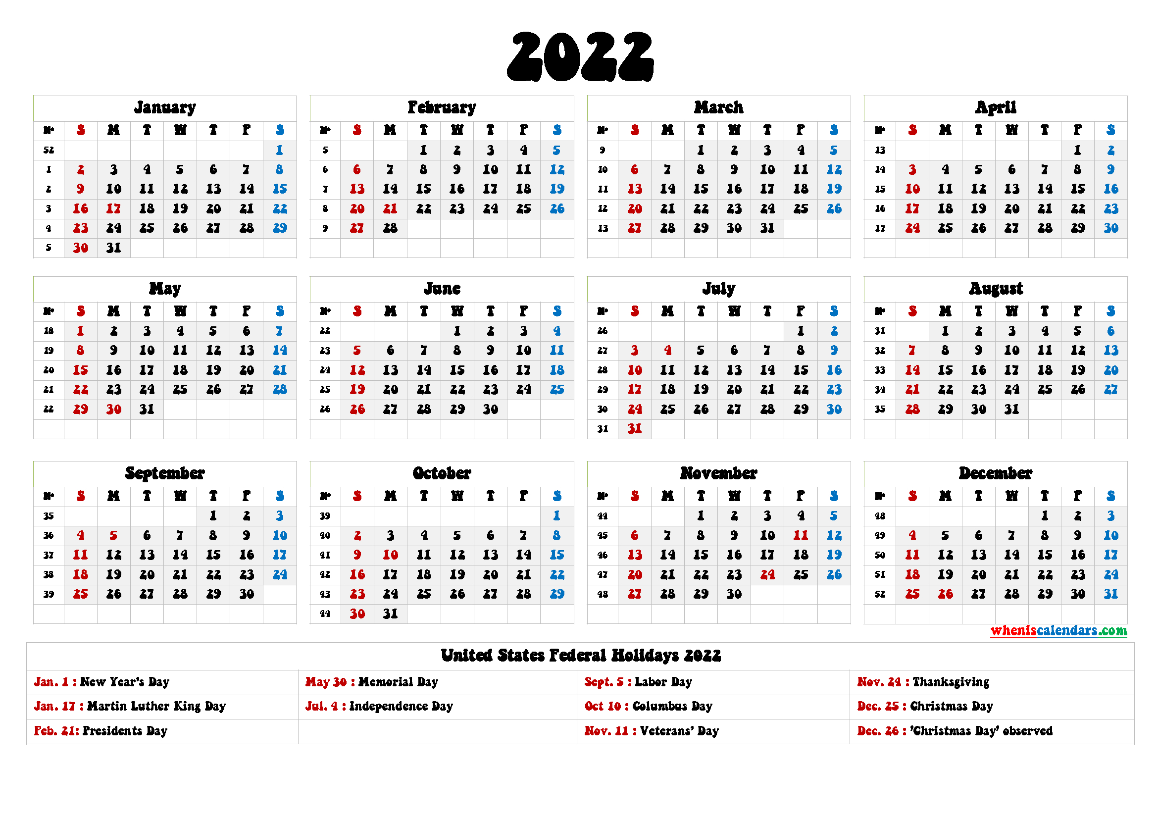 20+ 2022 Holidays - Free Download Printable Calendar Templates ️-Printable Calendar 2022 With Holidays