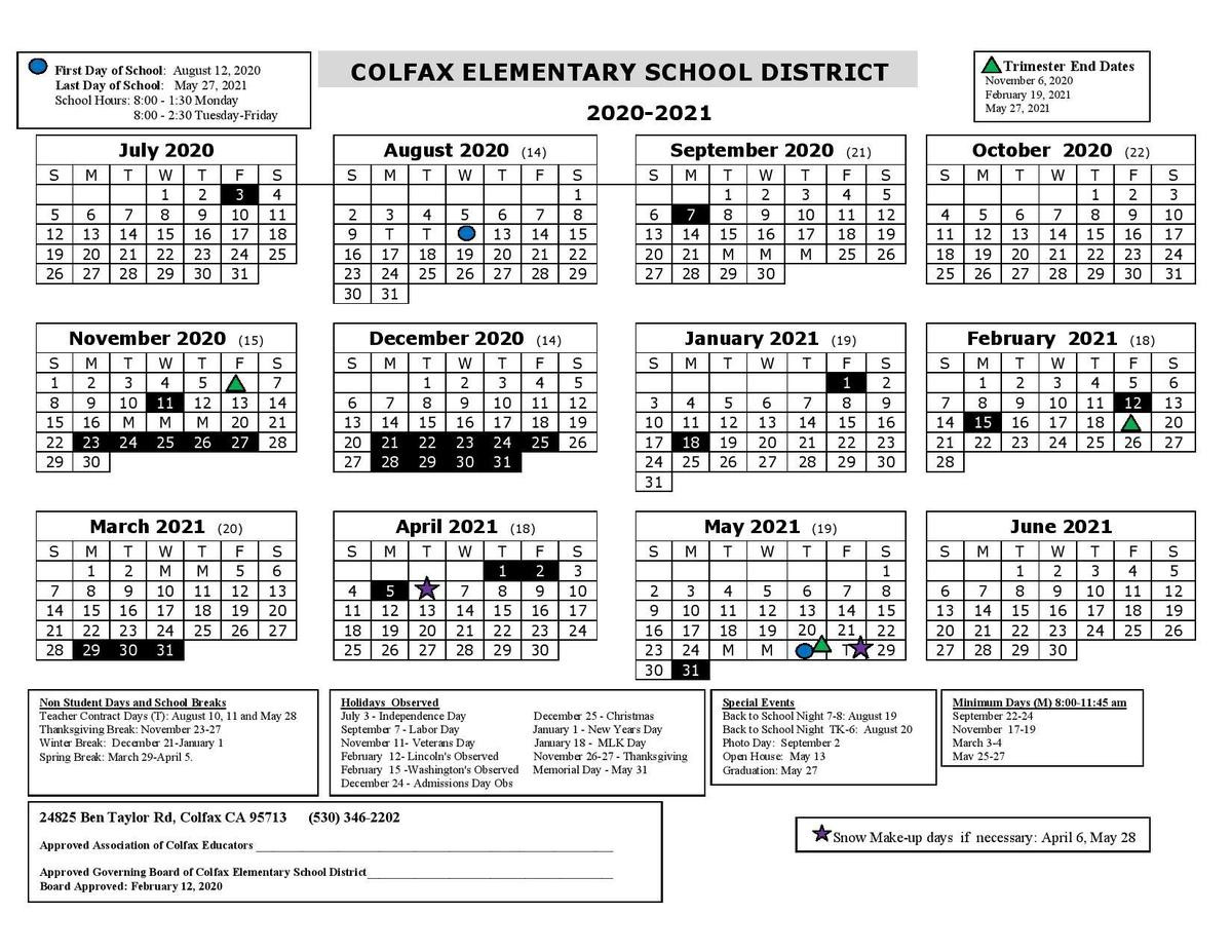 2020-2021 District Calendar - Schools - Colfax Elementary School District-School Calendar 2021 To 2022 California