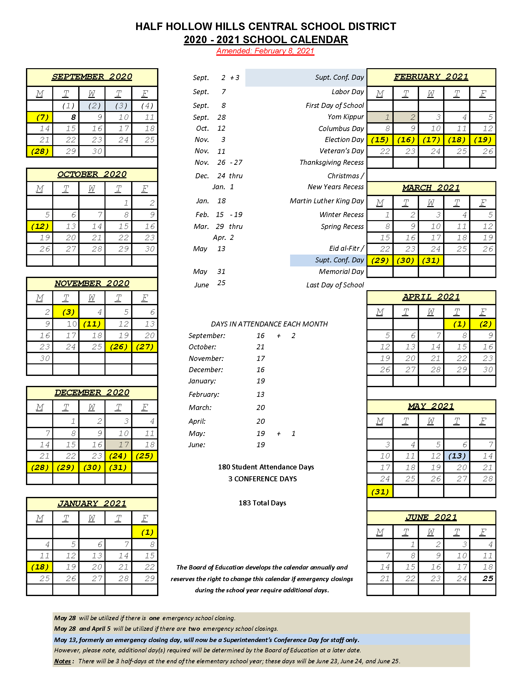 2020-2021 - Half Hollow Hills School District-Nyc School Calendar 2021 To 2022 Printable