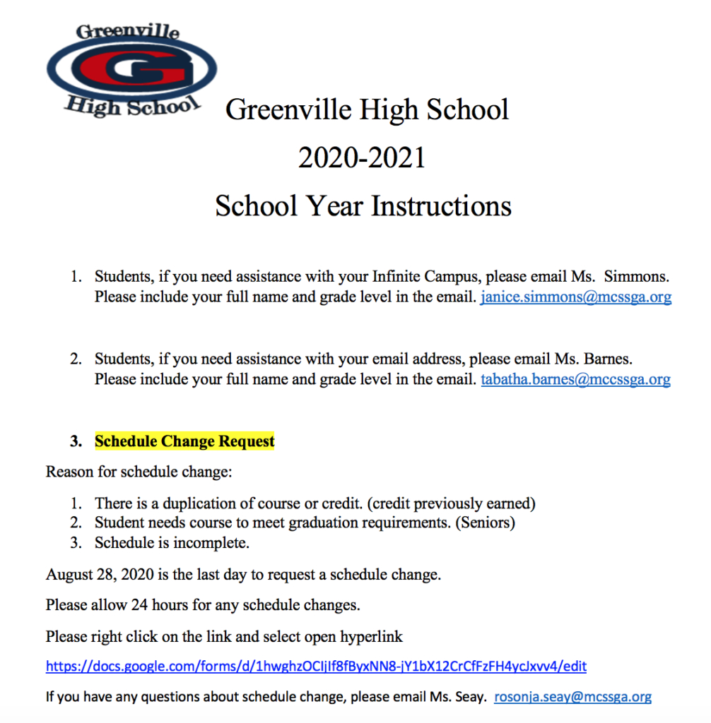 2020-2021 School Year Instructions For Ghs - Greenville High School-Greenville County School Calendar 2022
