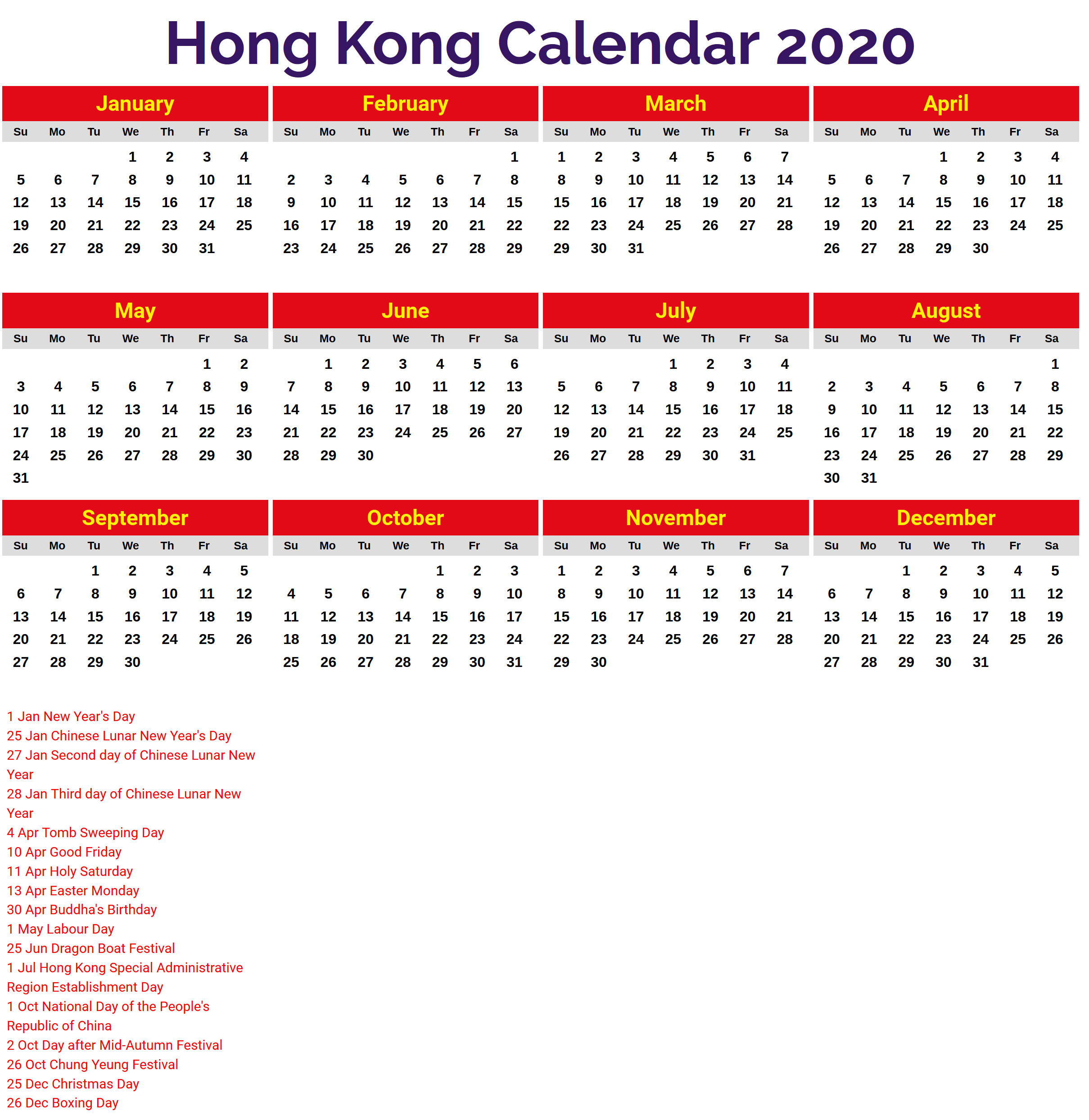 2020 Calendar Hong Kong - Printable Year Calendar-2022 Hk Public Holiday Calendar