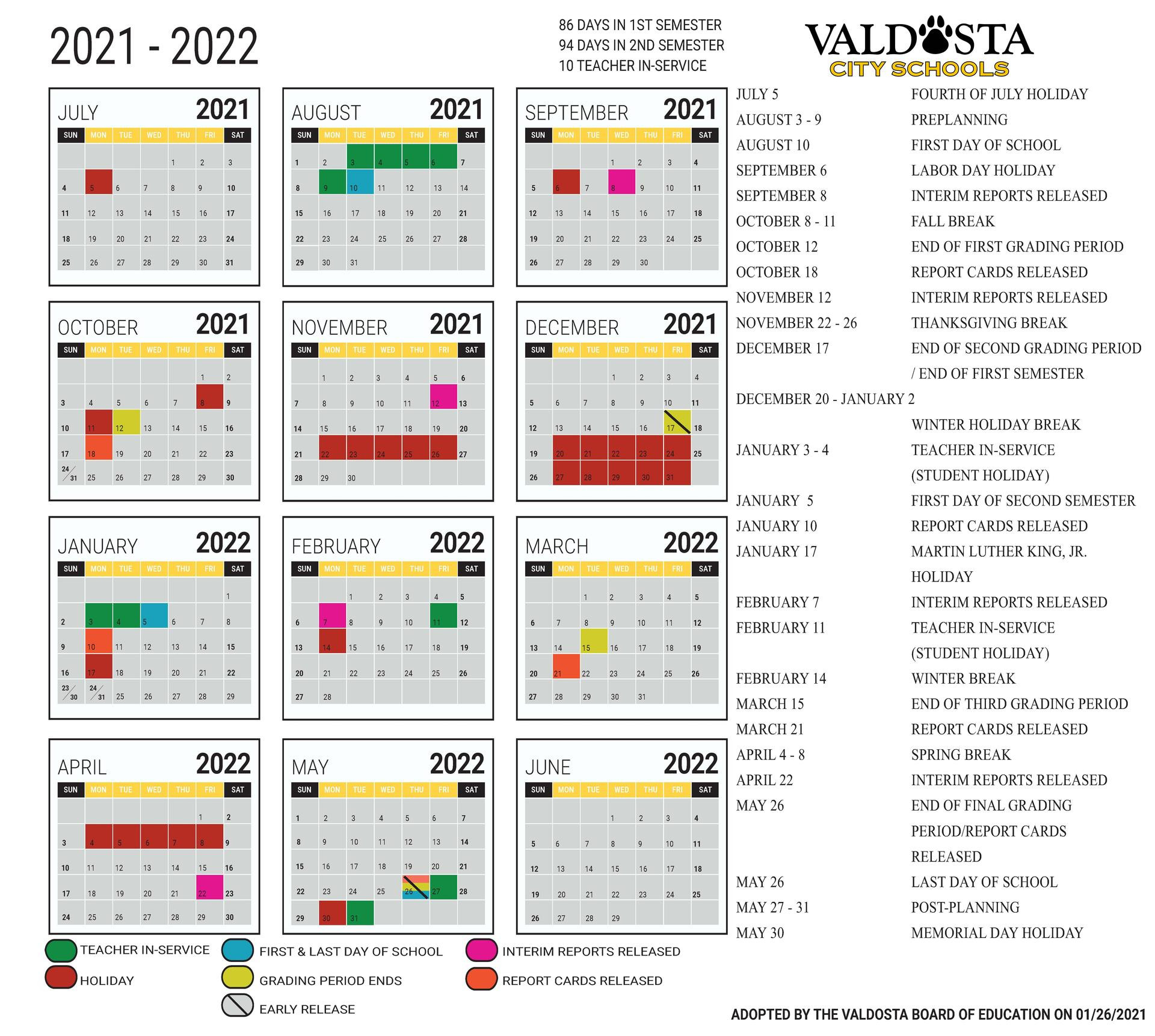 2021 - 2022 Academic Calendar - Student Support Services - Valdosta-2021 And 2022 School Calendar Free Printable