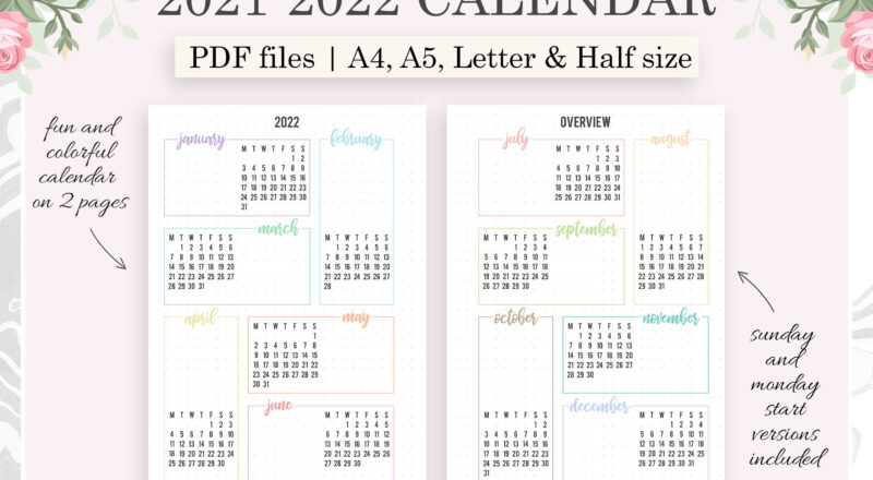 2021 2022 Calendar Printable Year At A Glance A5 Planner | Etsy-2021 Calendar 2022 Printable Pdf