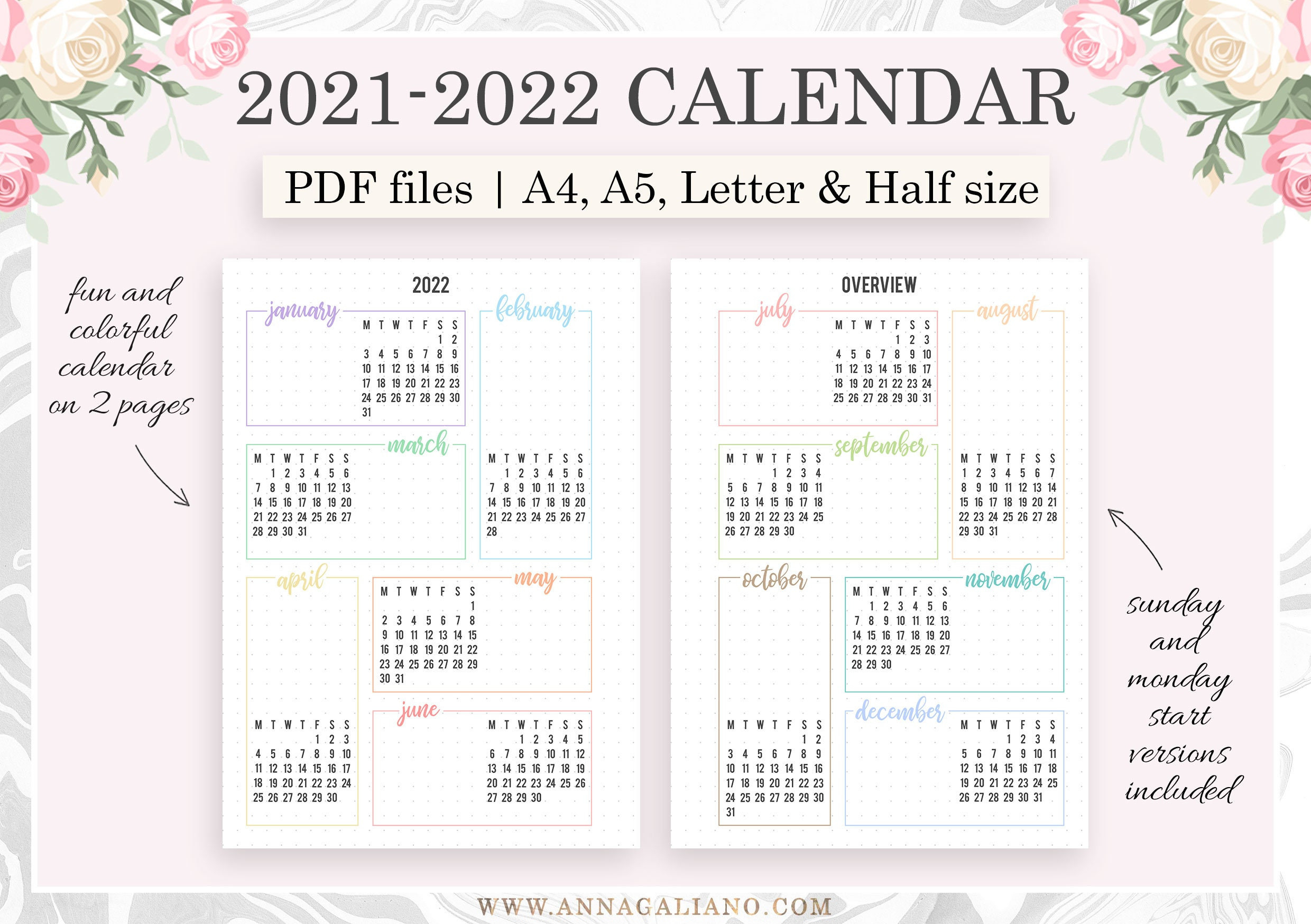 2021 2022 Calendar Printable Year At A Glance A5 Planner | Etsy-2021 Calendar 2022 Printable Pdf