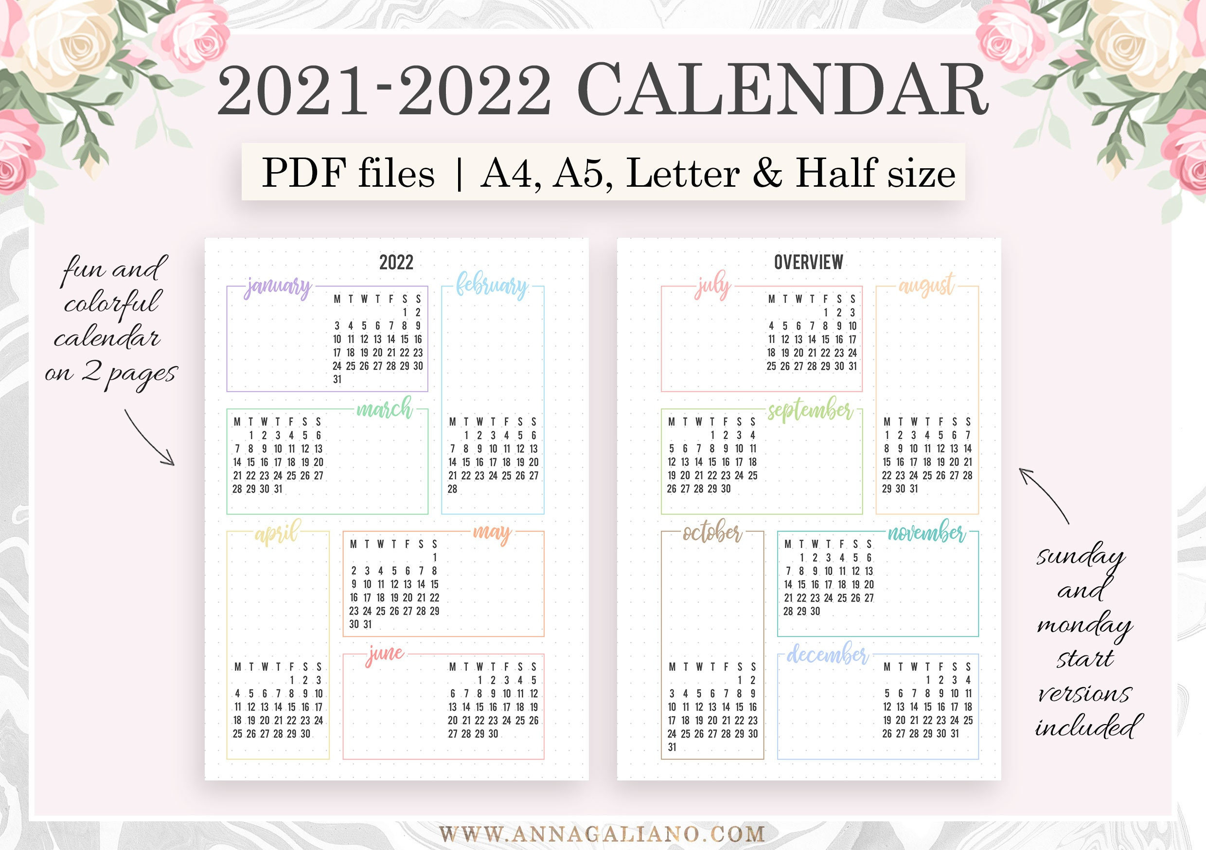2021 2022 Calendar Printable Year At A Glance A5 Planner | Etsy-2022 Calendar At A Glance Printable