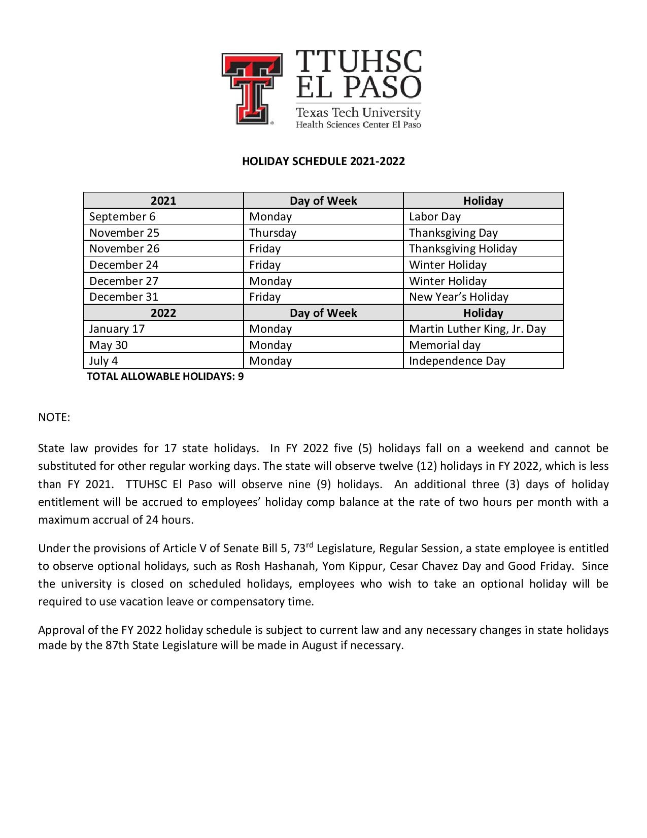 2021-2022 Holiday Schedule-State Of Texas Holiday Calendar 2022