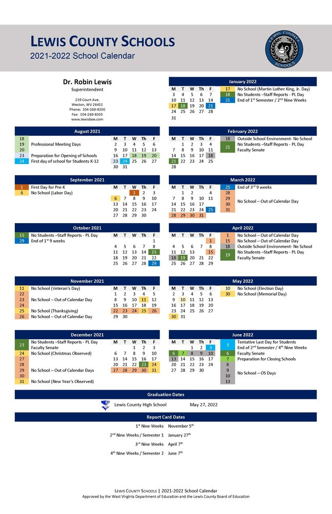 2021-2022 Lewis County Schools Calendar | Jane Lew Elementary School-School Calendar 2021 To 2022 Deped