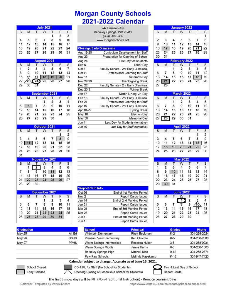 2021-2022 School Calendar | Morgan County Schools-2021 And 2022 School Calendar Free Printable