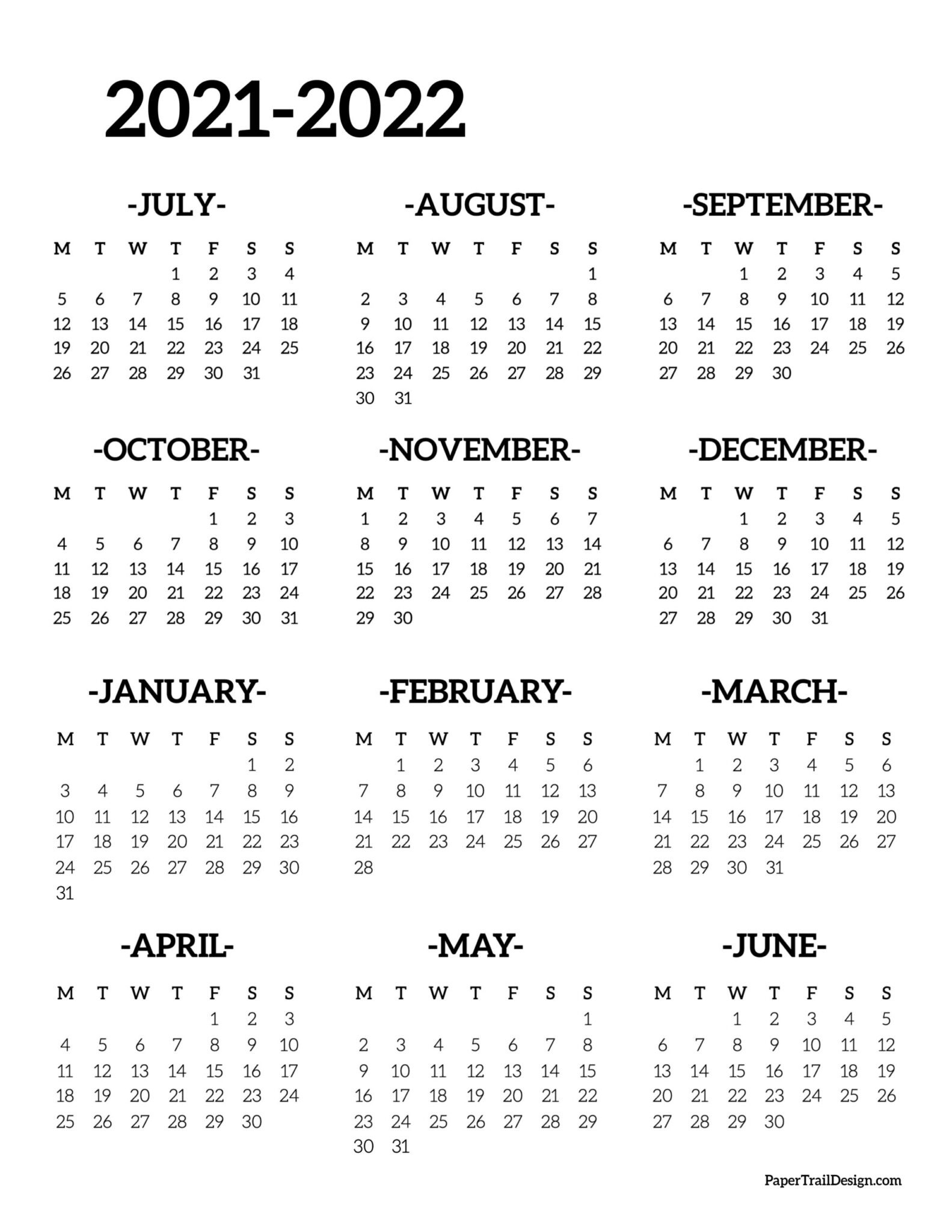 2021-2022 School Year Calendar Free Printable - Paper Trail Design-Printable Calendar 2021 To 2022