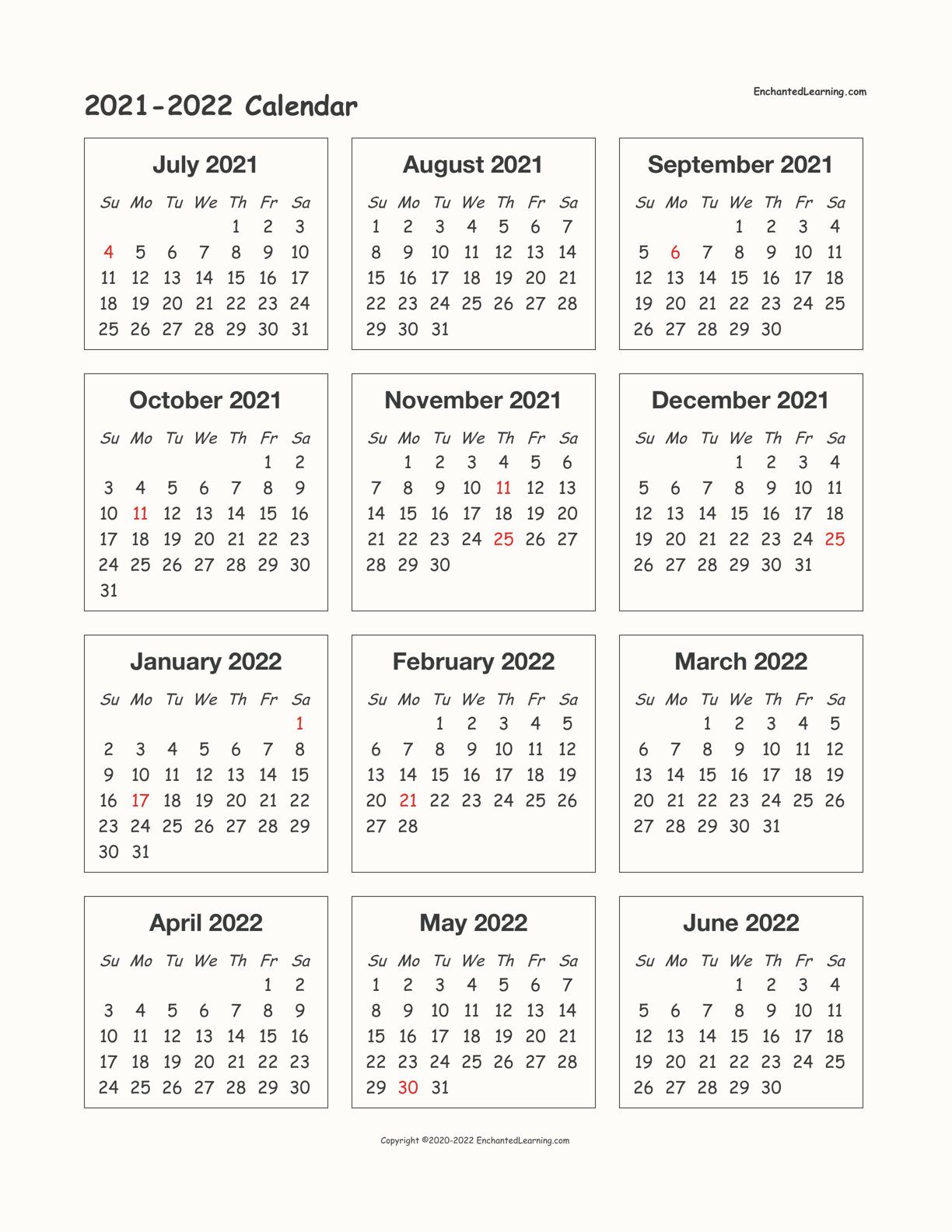 2021-2022 School-Year One-Page Calendar - Enchanted Learning-Calendar 2021 To 2022 Pdf
