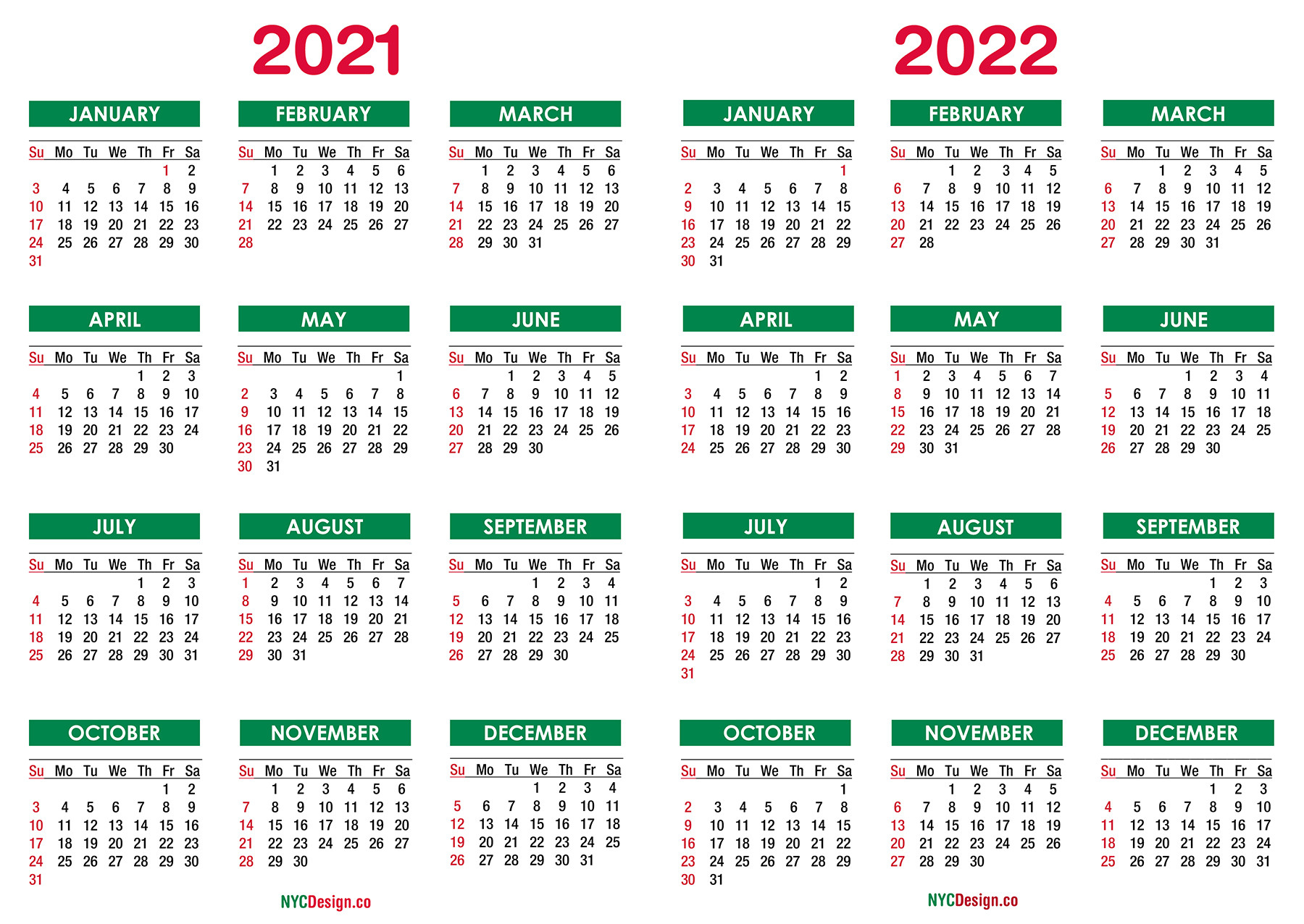 2021 - 2022 Two Year Calendar Printable Free, Green - Nycdesign.co | Calendars Printable Free-2021 Calendar 2022 Printable Uk