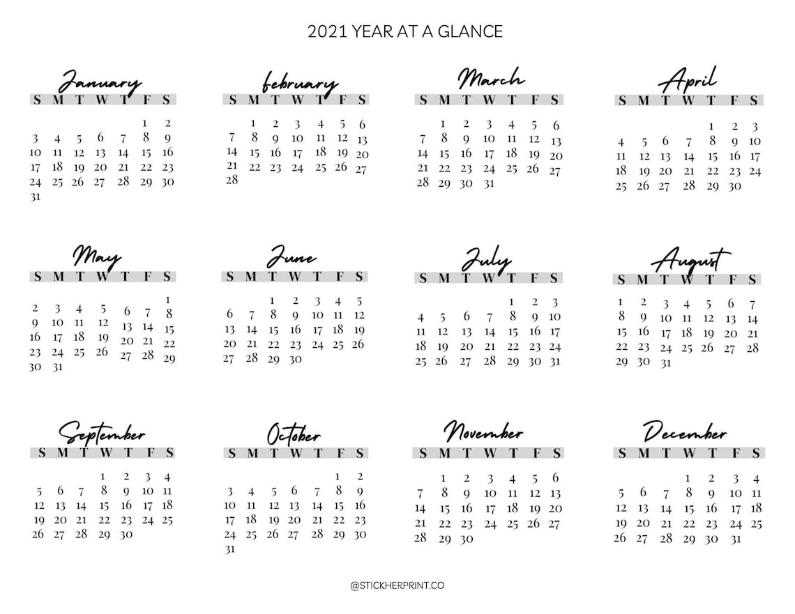 2021 2022 Year At A Glance Yearly Calendar Printable Pdf | Etsy-2021 Calendar 2022 Printable Free