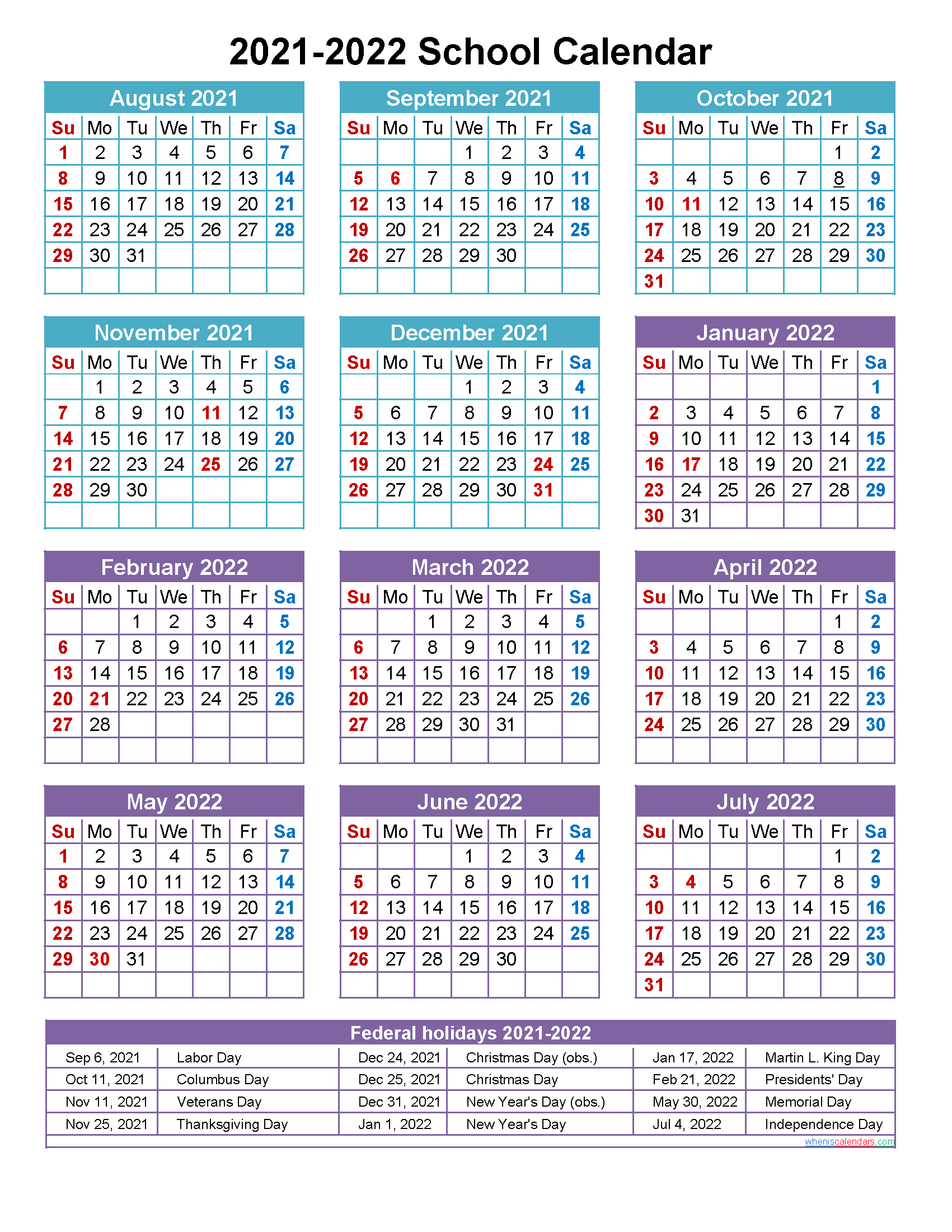 2021 And 2022 School Calendar Printable (Portrait)- Template No.scl22A21-2022 Calendar With Holidays Printable Free