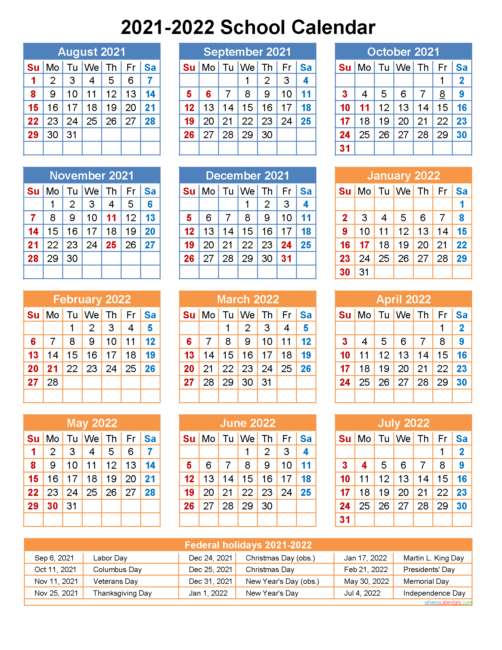 2021 And 2022 School Calendar Printable (Portrait)- Template No.scl22A23-Calendar 2021 And 2022 Printable